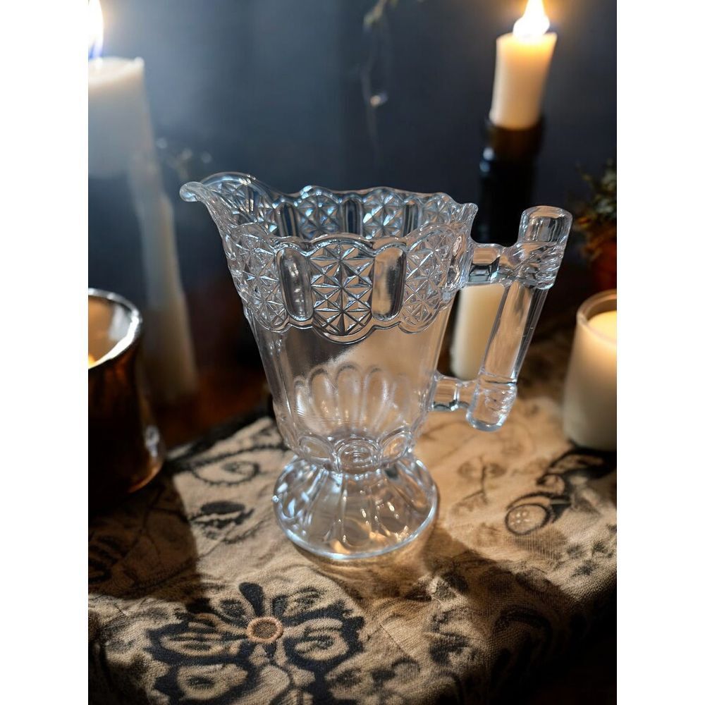 Vintage Glass Pitcher with Diamond Pattern and Handle Elegant Serving Decanter